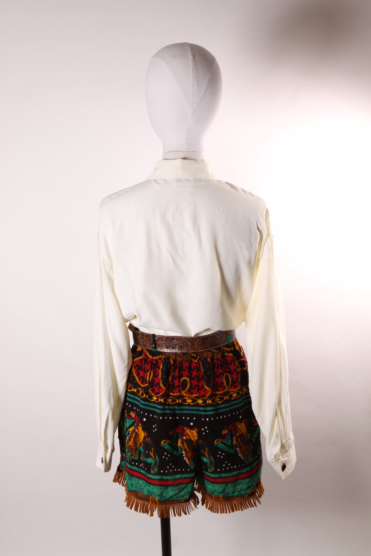 1980s Novelty White, Black, Green and Red Novelty Western Bucking Horse Fringe Shorts with Matching Cropped Blouse by My Michelle