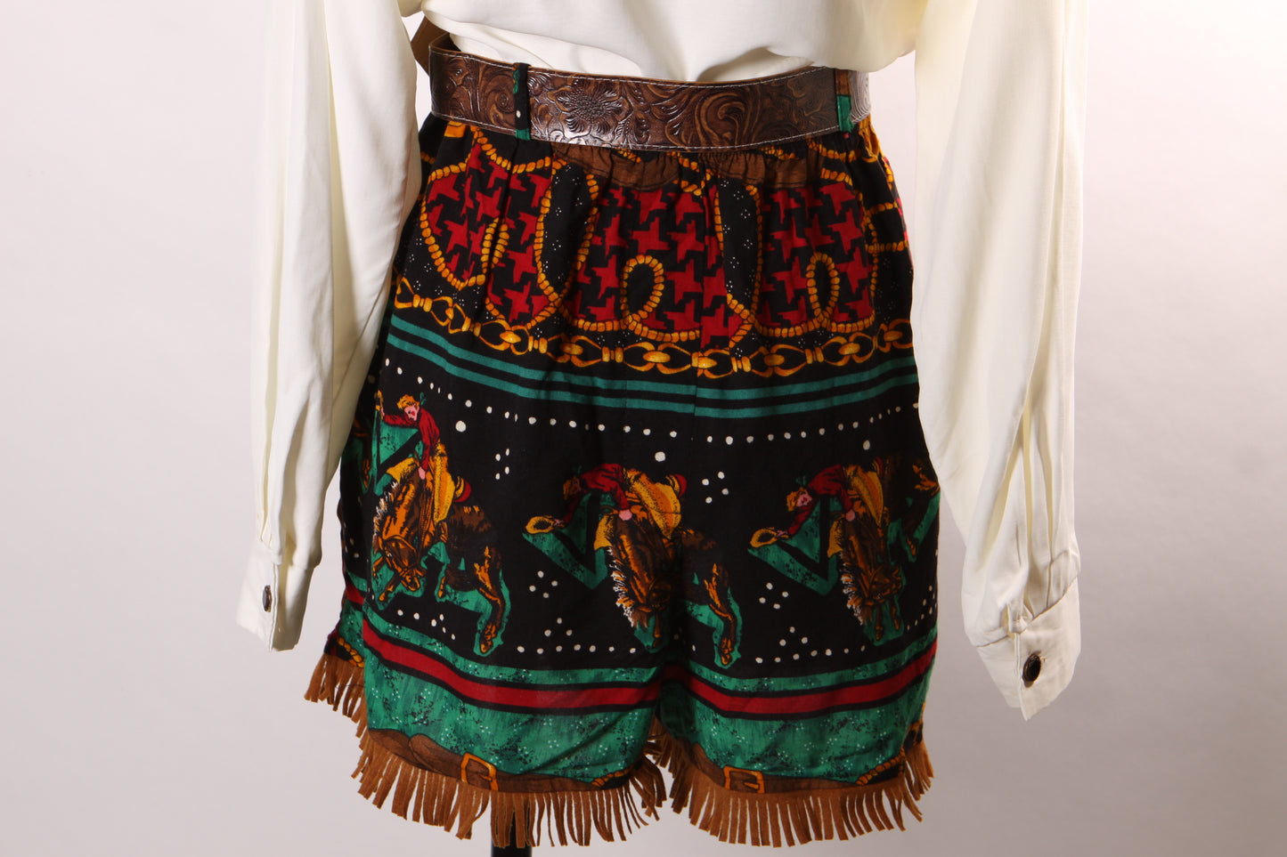 1980s Novelty White, Black, Green and Red Novelty Western Bucking Horse Fringe Shorts with Matching Cropped Blouse by My Michelle