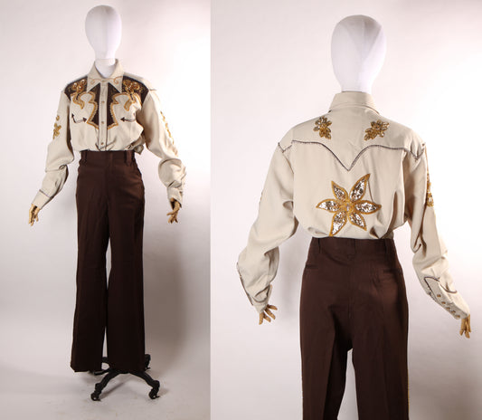 Late 1960s Early 1970s Brown and Tan Gold Metallic Rhinestone and Sequin Roses Western Pearl Snap Top with Matching Pants by H Bar C