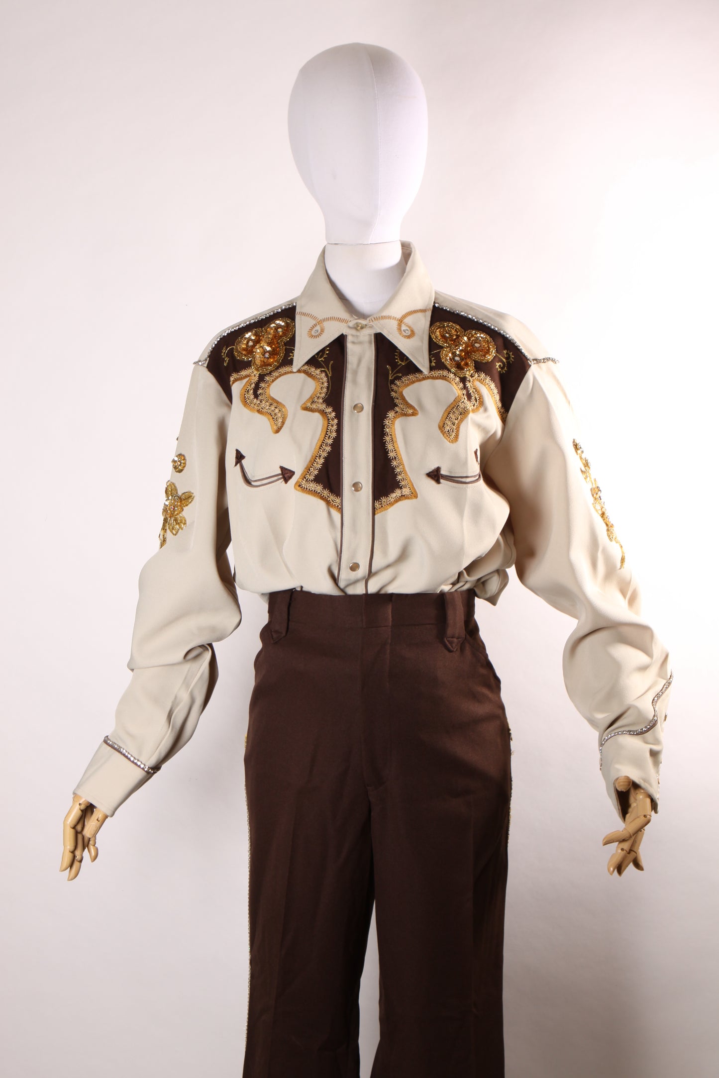 Late 1960s Early 1970s Brown and Tan Gold Metallic Rhinestone and Sequin Roses Western Pearl Snap Top with Matching Pants by H Bar C