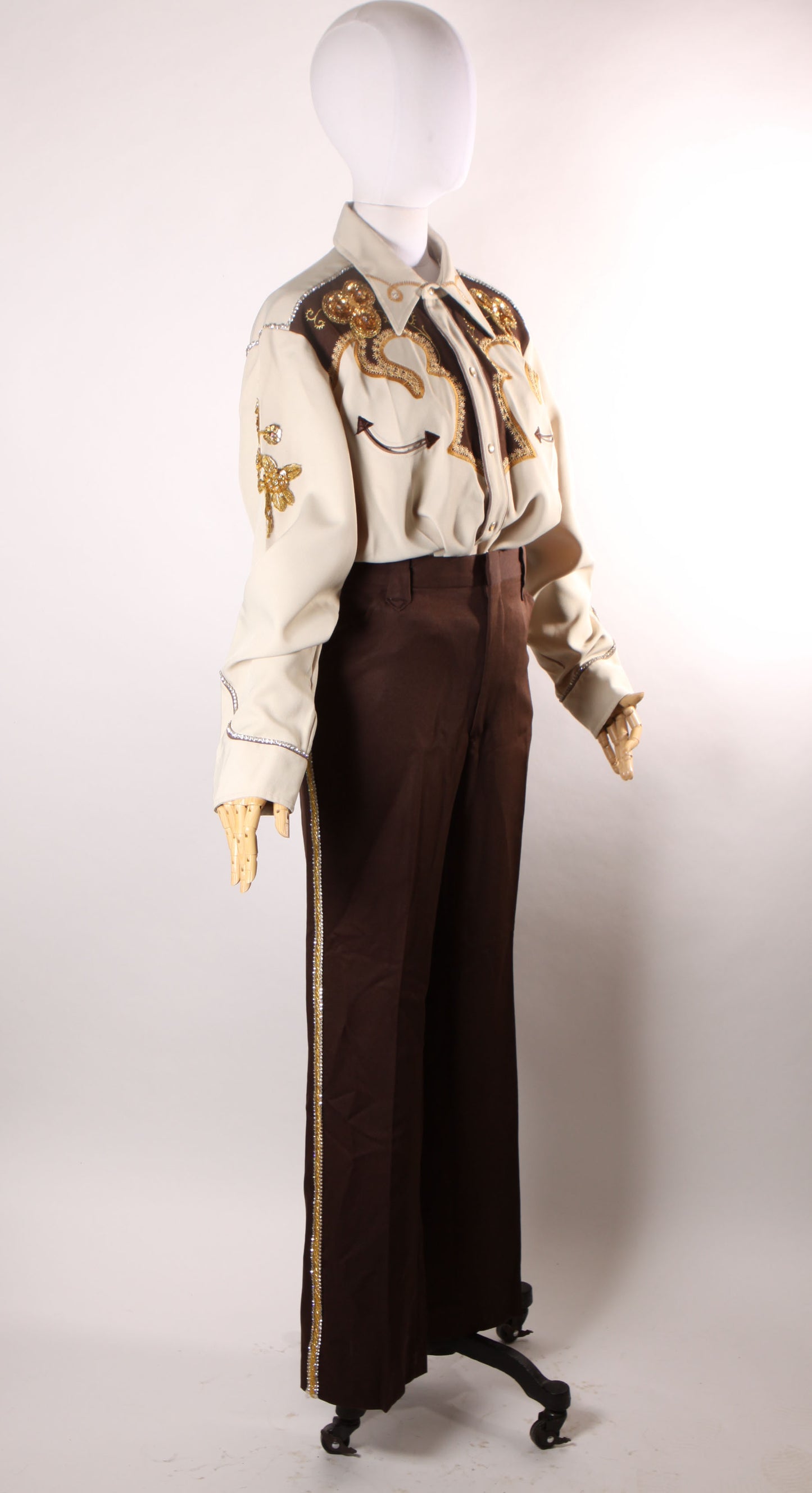 Late 1960s Early 1970s Brown and Tan Gold Metallic Rhinestone and Sequin Roses Western Pearl Snap Top with Matching Pants by H Bar C