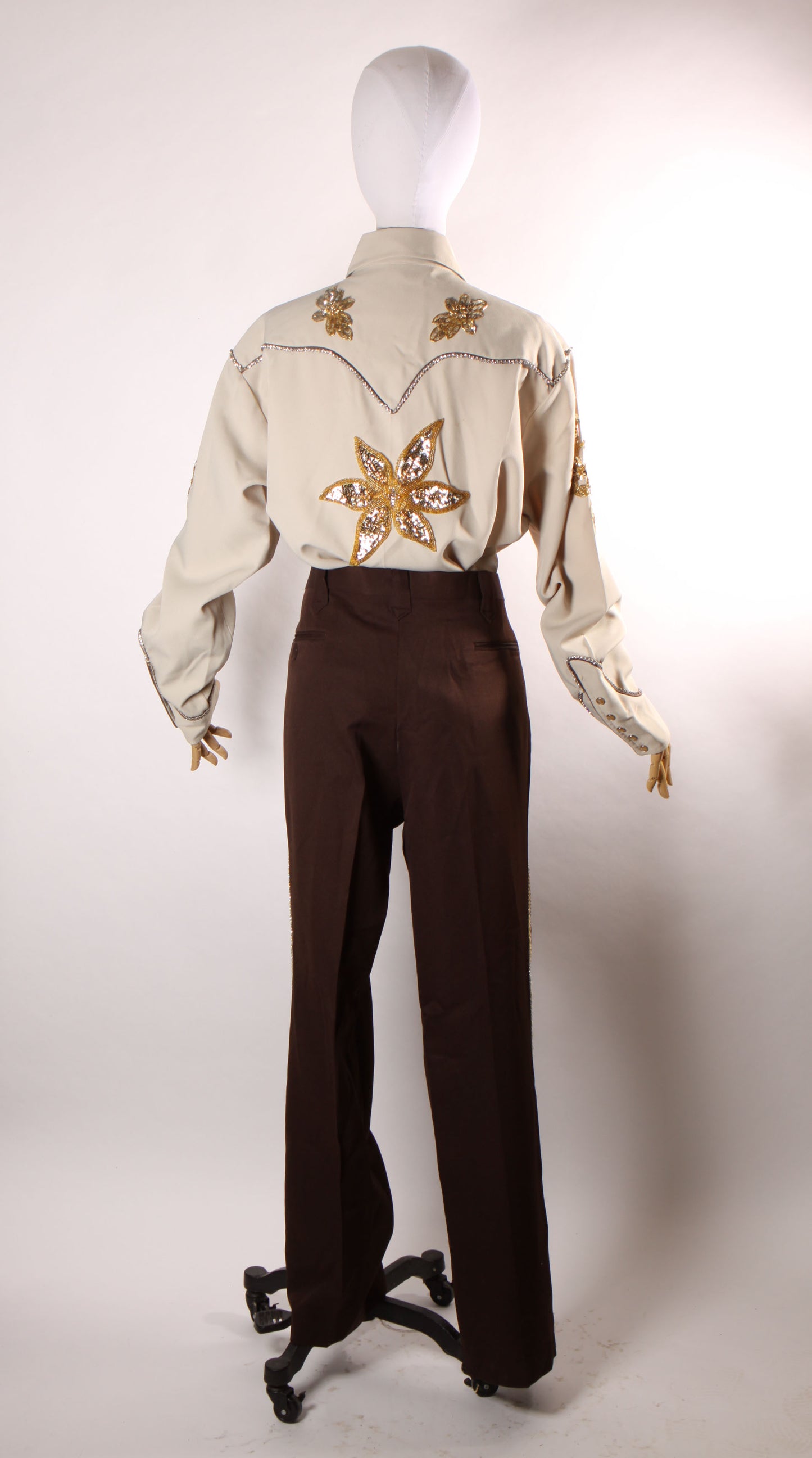 Late 1960s Early 1970s Brown and Tan Gold Metallic Rhinestone and Sequin Roses Western Pearl Snap Top with Matching Pants by H Bar C