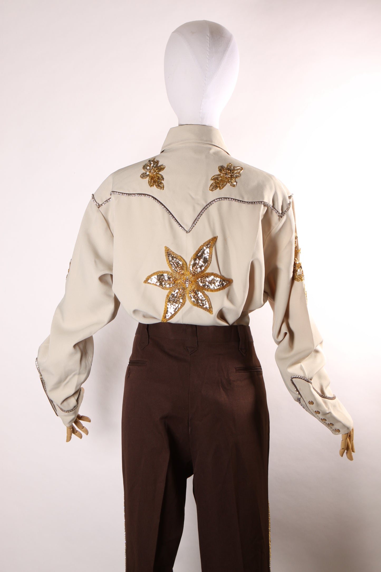 Late 1960s Early 1970s Brown and Tan Gold Metallic Rhinestone and Sequin Roses Western Pearl Snap Top with Matching Pants by H Bar C