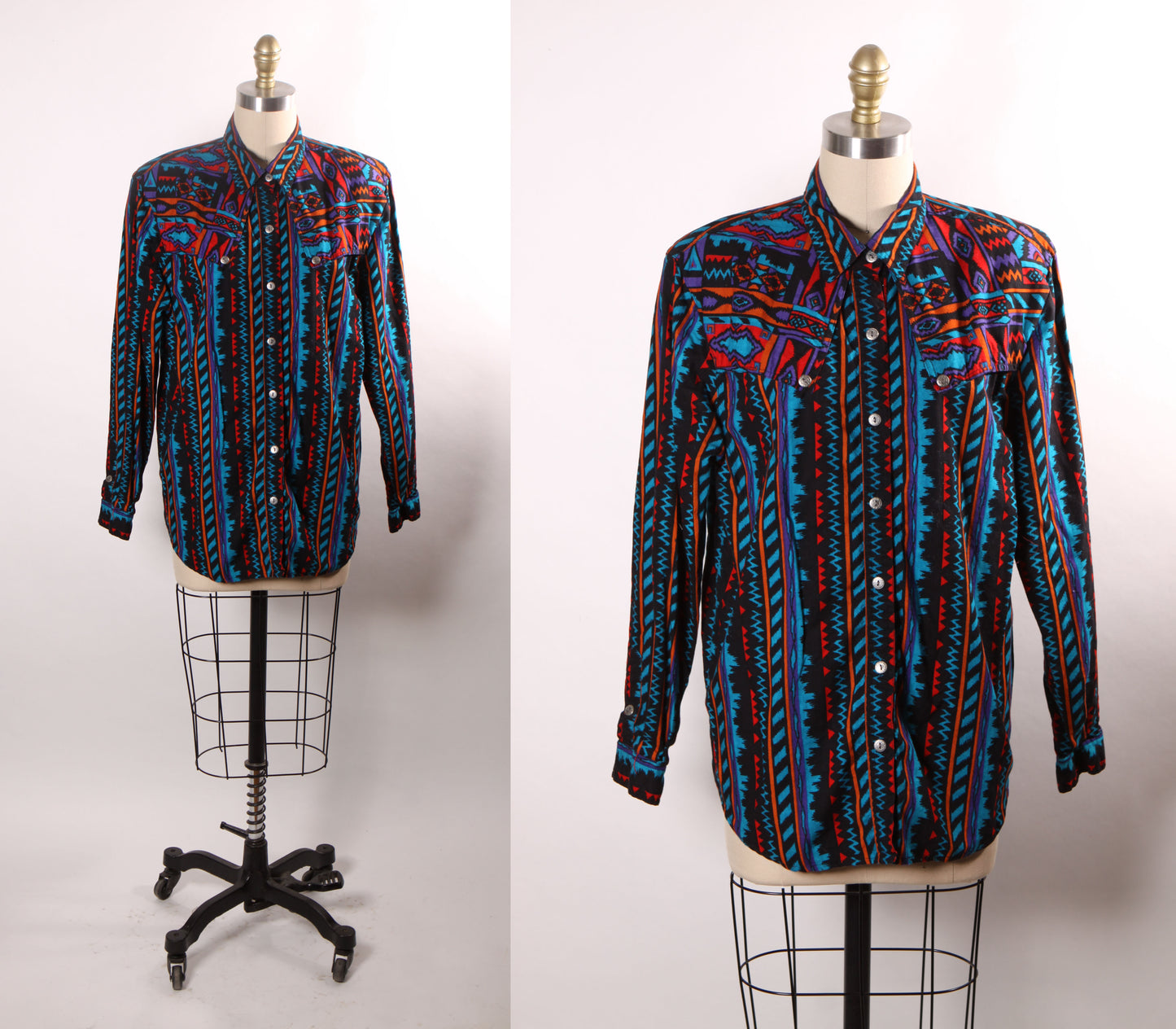 1980s Black, Orange, Purple and Blue Abstract Southwestern Western Button Down Shirt by Rodeo Western Wear