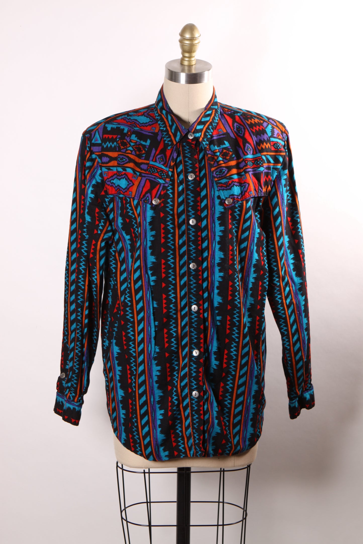 1980s Black, Orange, Purple and Blue Abstract Southwestern Western Button Down Shirt by Rodeo Western Wear