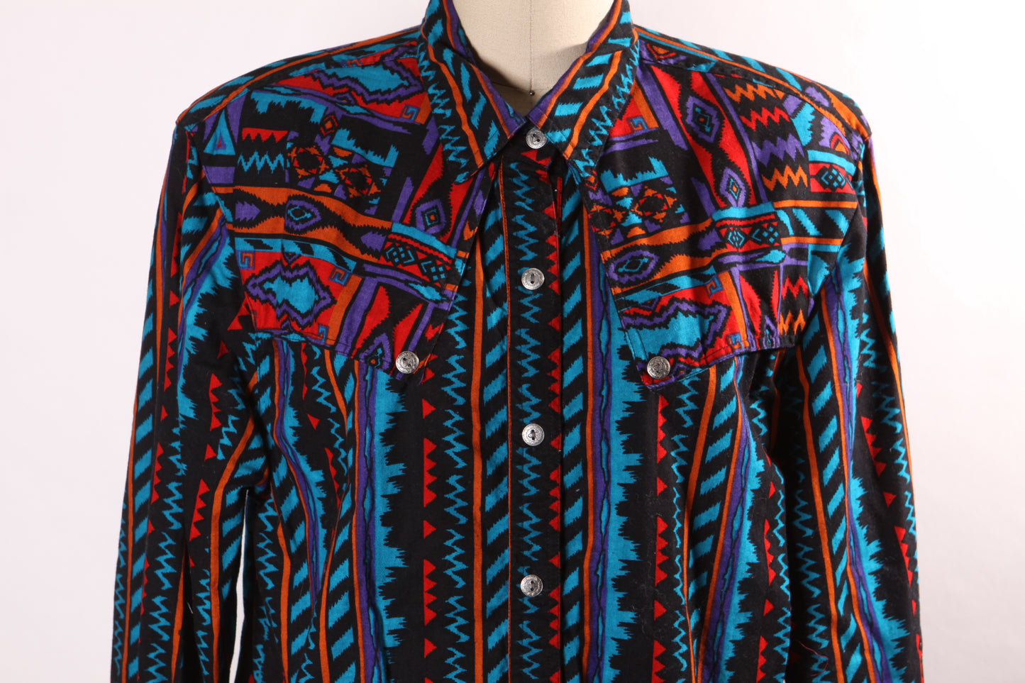 1980s Black, Orange, Purple and Blue Abstract Southwestern Western Button Down Shirt by Rodeo Western Wear