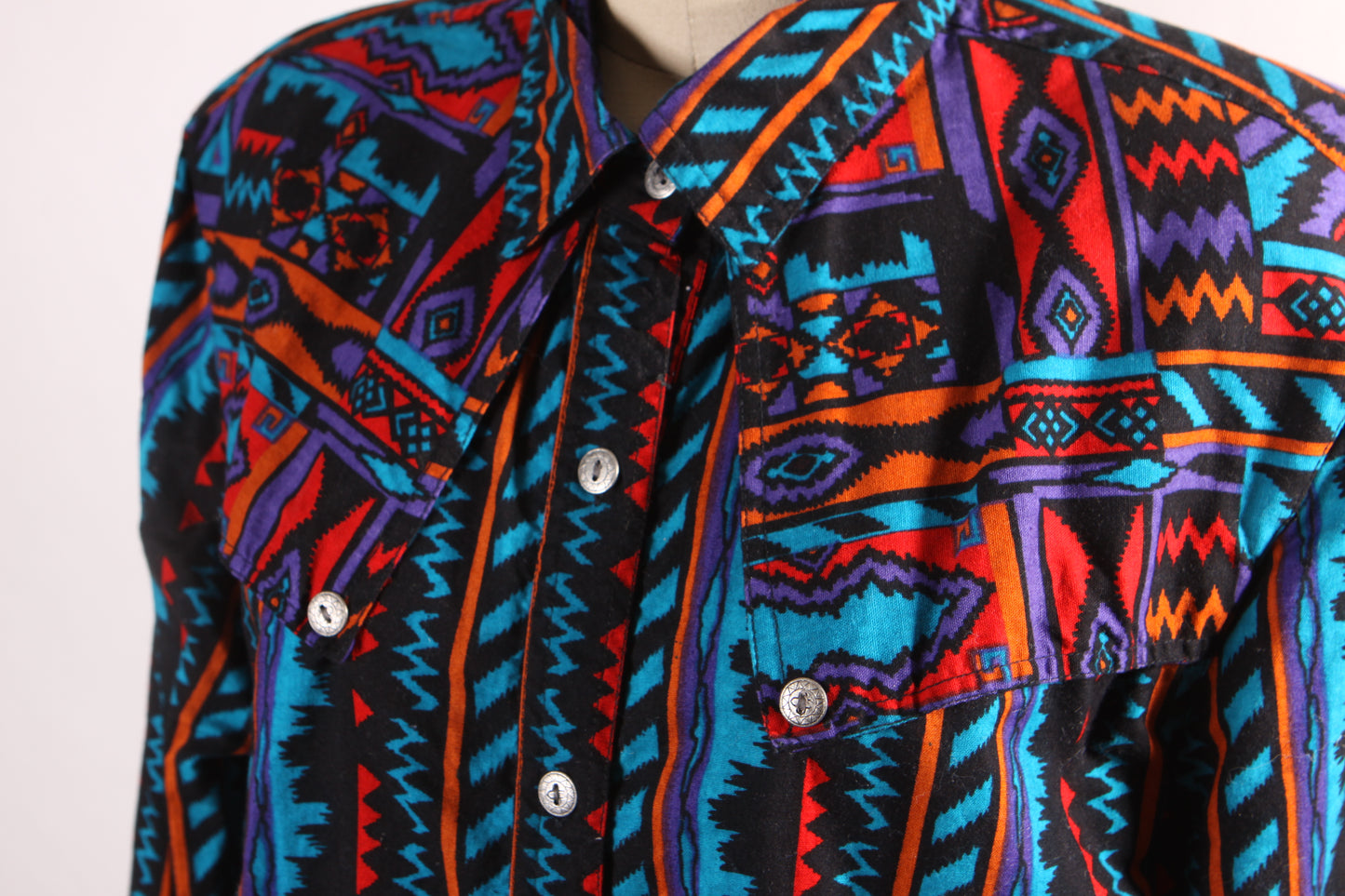 1980s Black, Orange, Purple and Blue Abstract Southwestern Western Button Down Shirt by Rodeo Western Wear