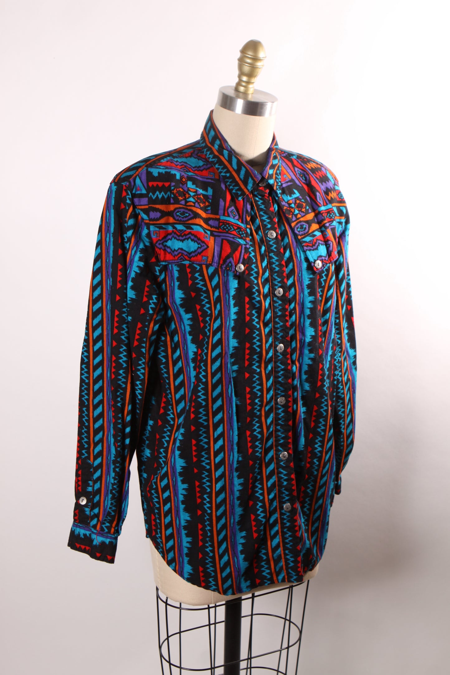 1980s Black, Orange, Purple and Blue Abstract Southwestern Western Button Down Shirt by Rodeo Western Wear