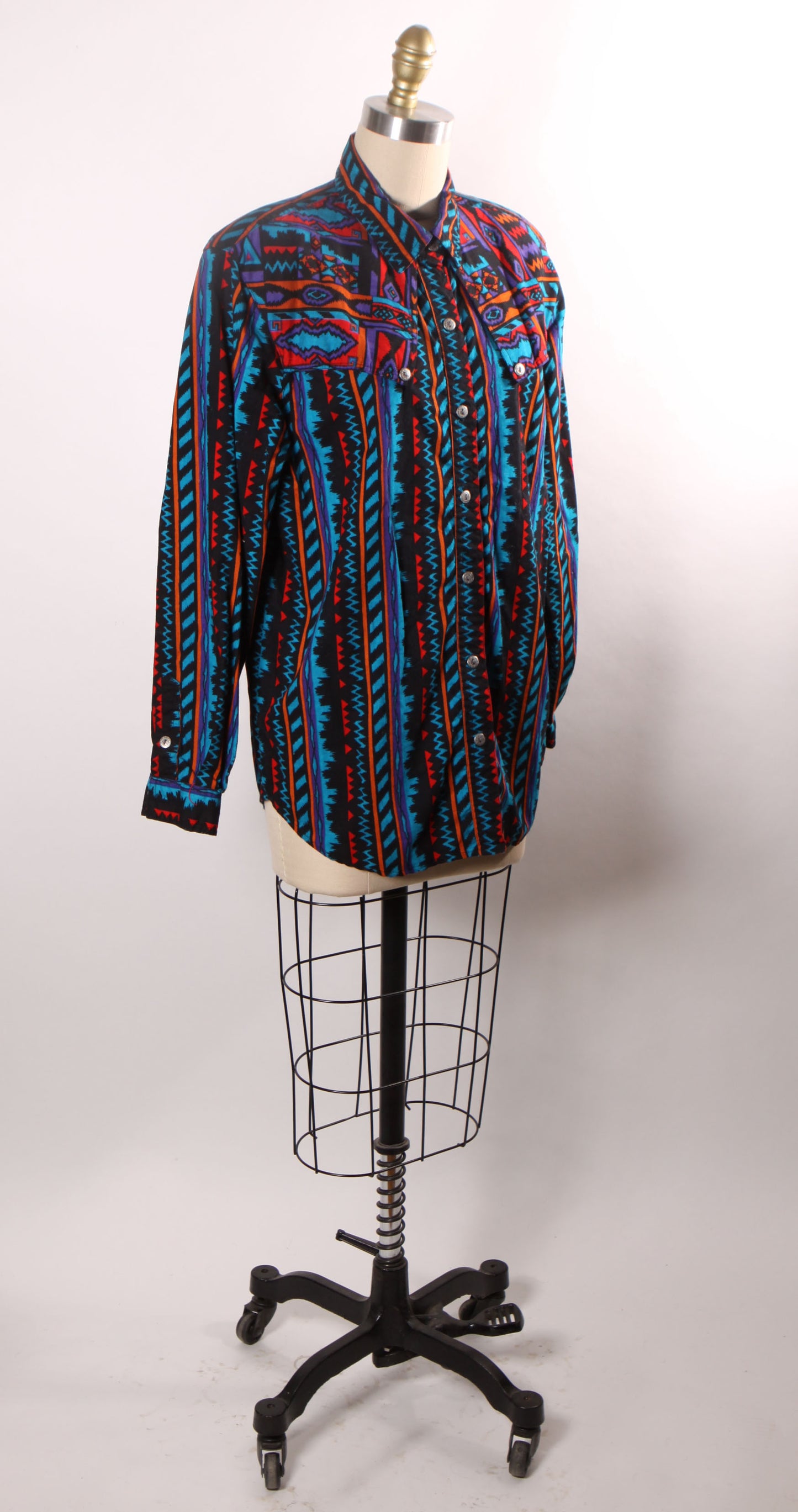 1980s Black, Orange, Purple and Blue Abstract Southwestern Western Button Down Shirt by Rodeo Western Wear