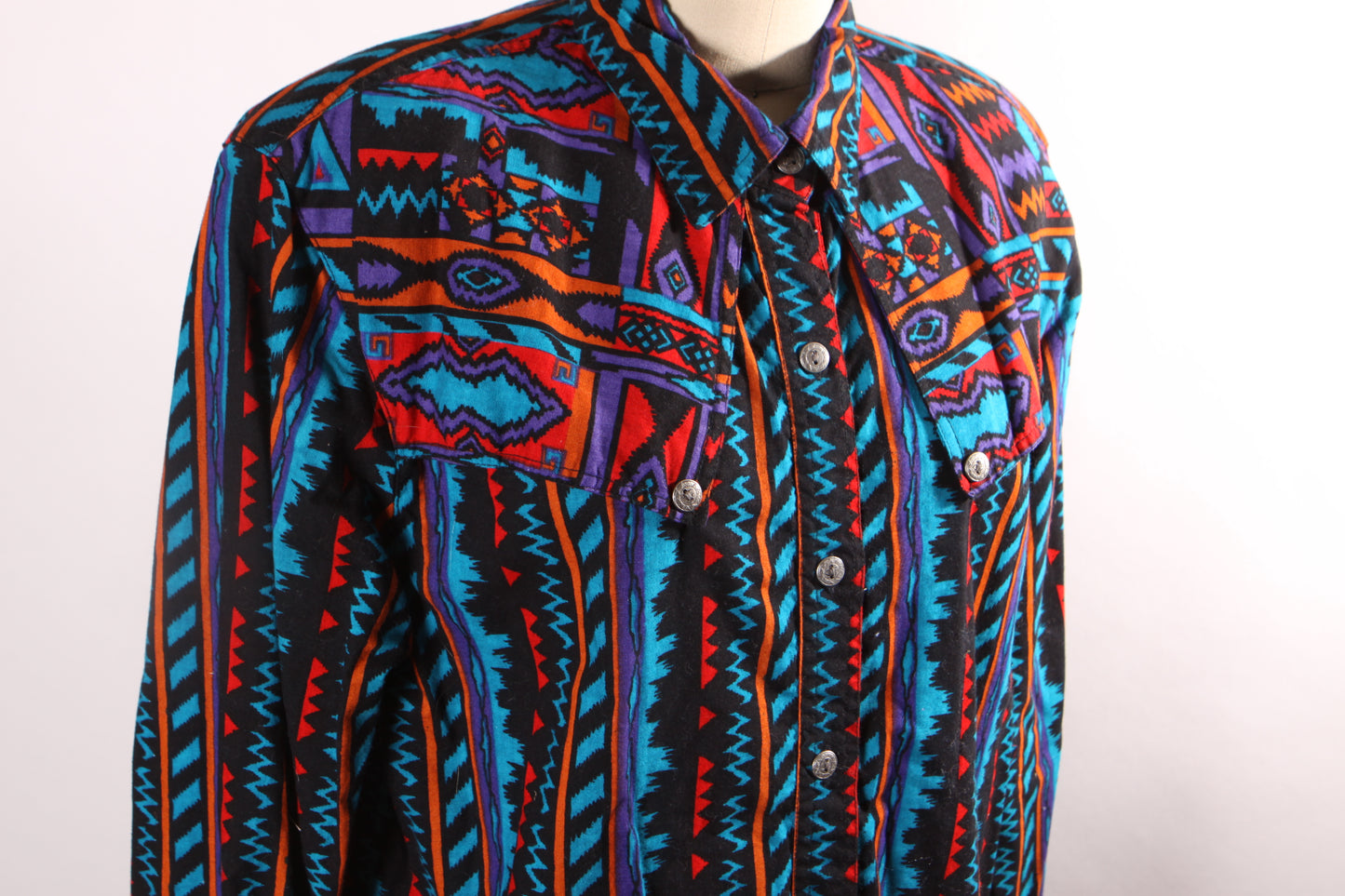 1980s Black, Orange, Purple and Blue Abstract Southwestern Western Button Down Shirt by Rodeo Western Wear