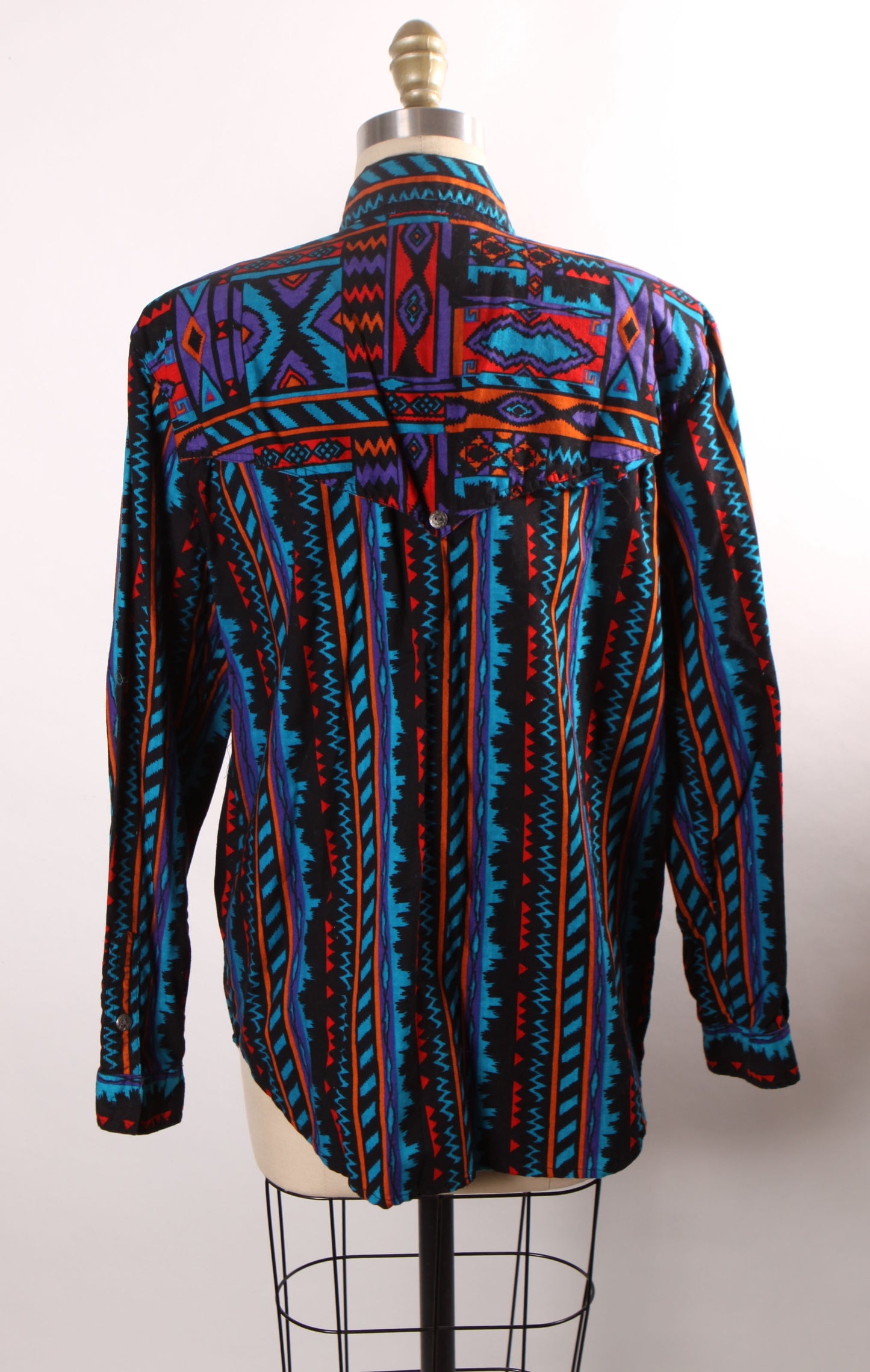 1980s Black, Orange, Purple and Blue Abstract Southwestern Western Button Down Shirt by Rodeo Western Wear