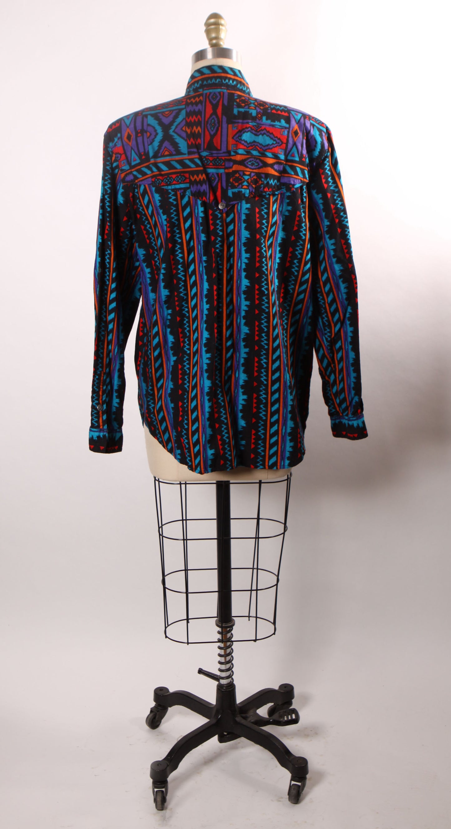 1980s Black, Orange, Purple and Blue Abstract Southwestern Western Button Down Shirt by Rodeo Western Wear