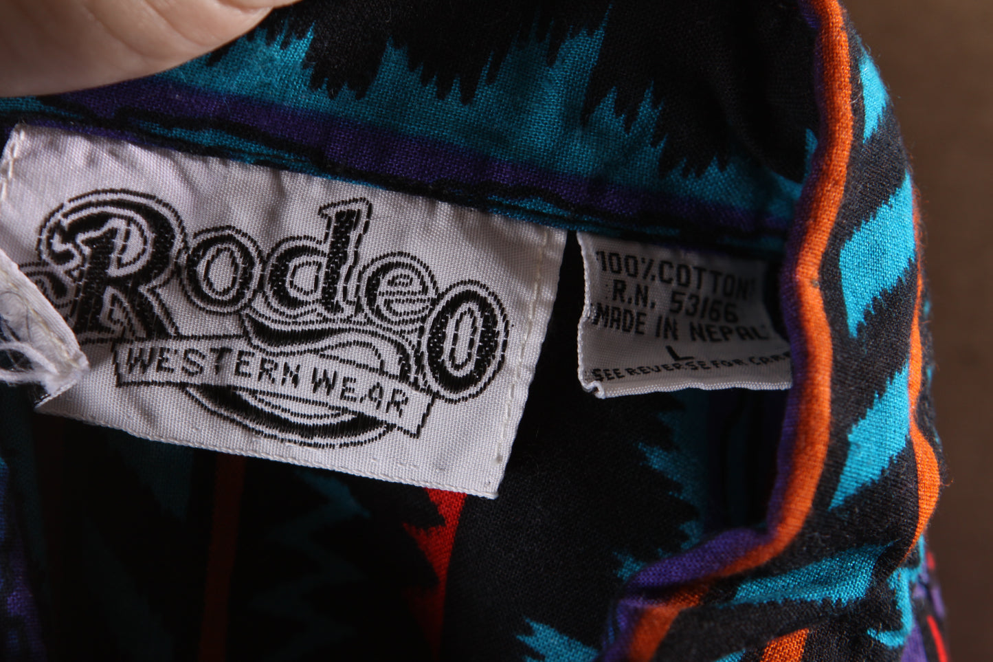 1980s Black, Orange, Purple and Blue Abstract Southwestern Western Button Down Shirt by Rodeo Western Wear