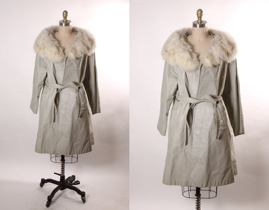 Late 1960s Early 1970s Gray Leather Mink Fur Trim Belted Long Sleeve Winter Coat