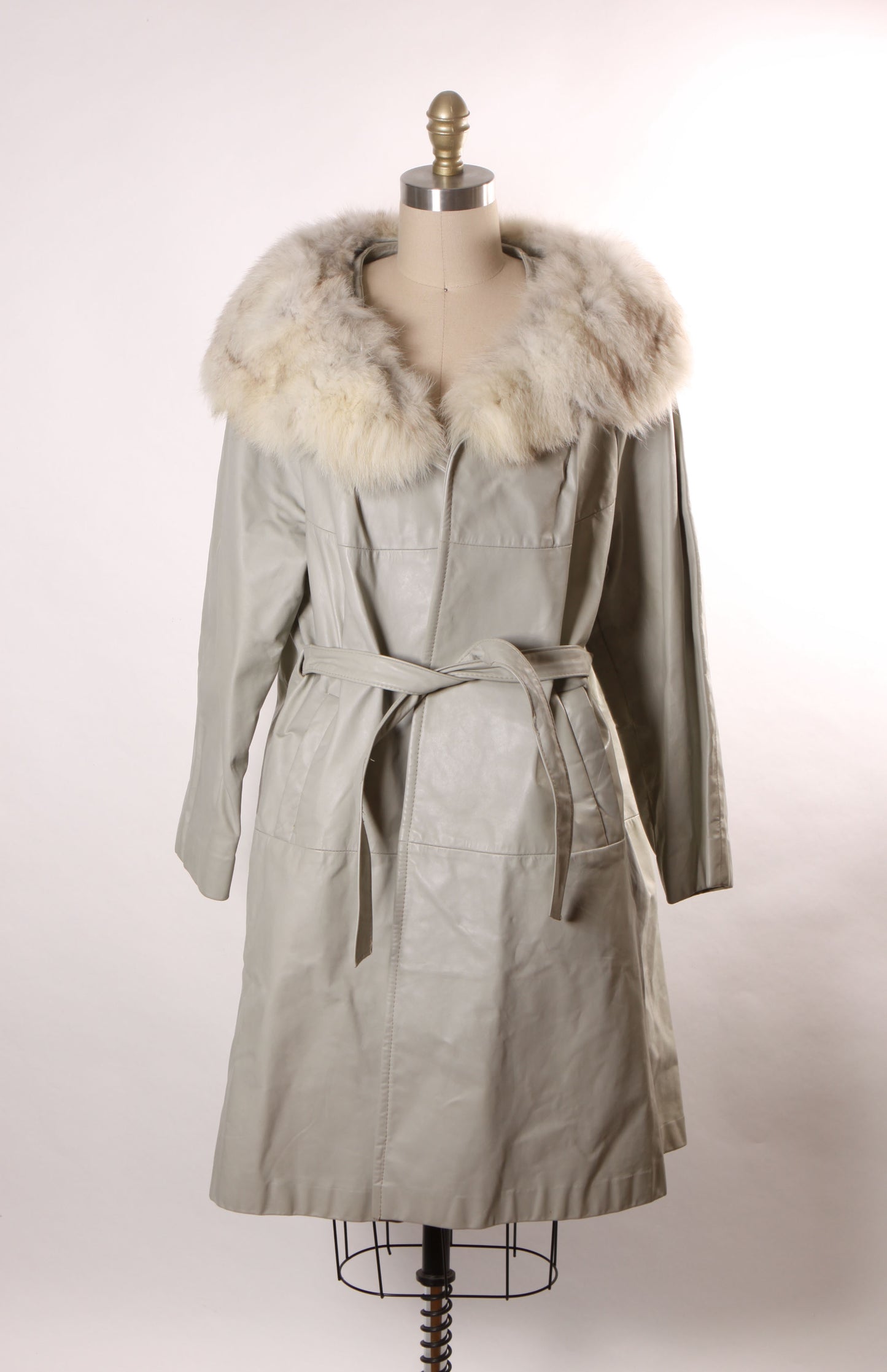 Late 1960s Early 1970s Gray Leather Mink Fur Trim Belted Long Sleeve Winter Coat