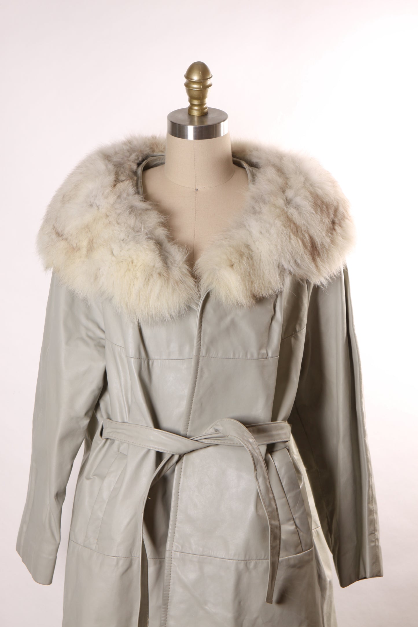 Late 1960s Early 1970s Gray Leather Mink Fur Trim Belted Long Sleeve Winter Coat