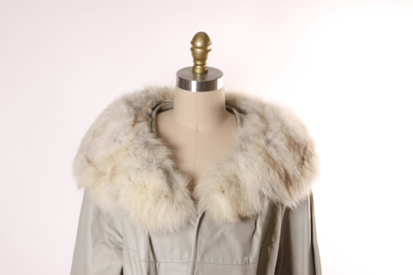 Late 1960s Early 1970s Gray Leather Mink Fur Trim Belted Long Sleeve Winter Coat