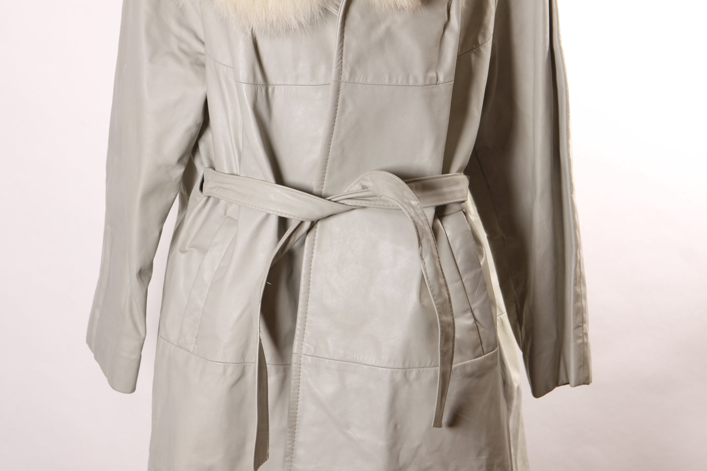 Late 1960s Early 1970s Gray Leather Mink Fur Trim Belted Long Sleeve Winter Coat