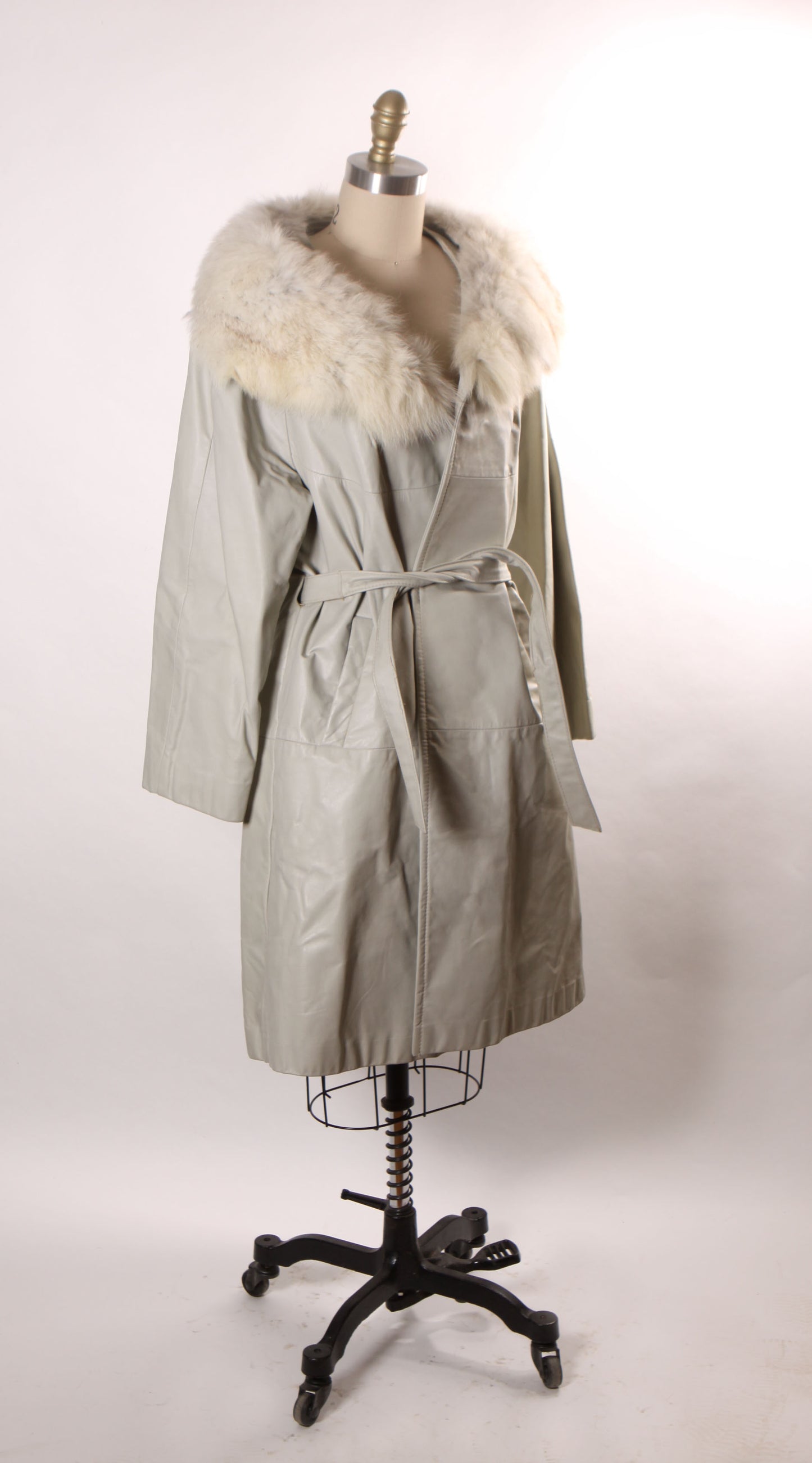 Late 1960s Early 1970s Gray Leather Mink Fur Trim Belted Long Sleeve Winter Coat