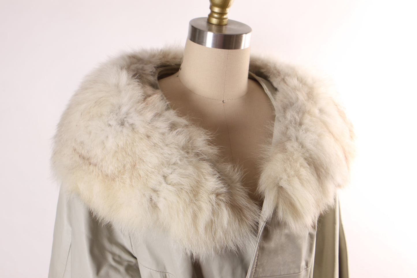 Late 1960s Early 1970s Gray Leather Mink Fur Trim Belted Long Sleeve Winter Coat