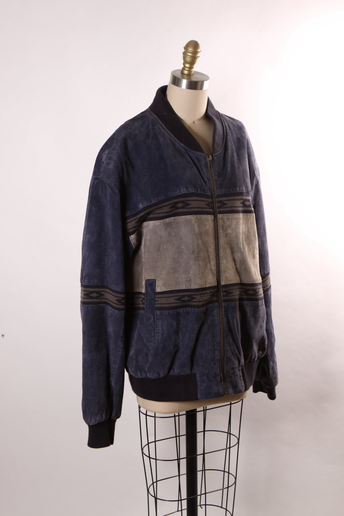 1980s Navy Blue and Gray Suede Leather Western Long Sleeve Zip Up Front Coat by Scully