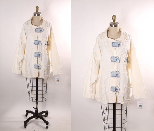 1980s White and Blue Denim Button Down Long Sleeve Frayed Detail Jacket