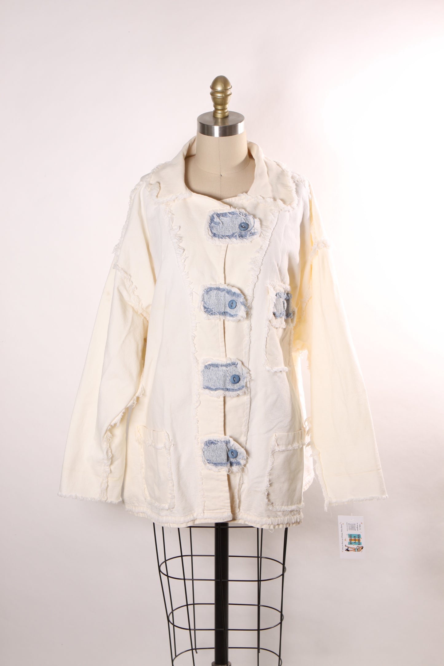 1980s White and Blue Denim Button Down Long Sleeve Frayed Detail Jacket