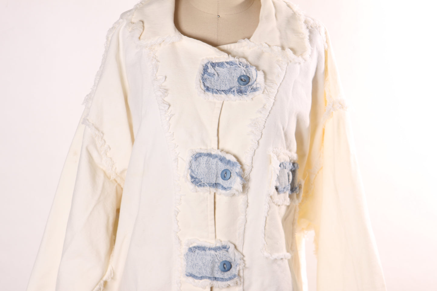 1980s White and Blue Denim Button Down Long Sleeve Frayed Detail Jacket