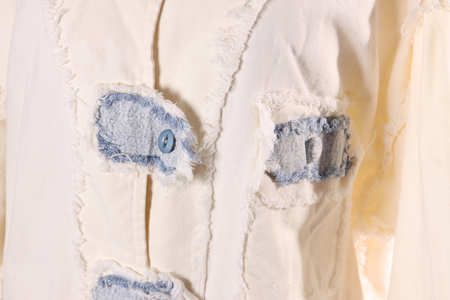 1980s White and Blue Denim Button Down Long Sleeve Frayed Detail Jacket