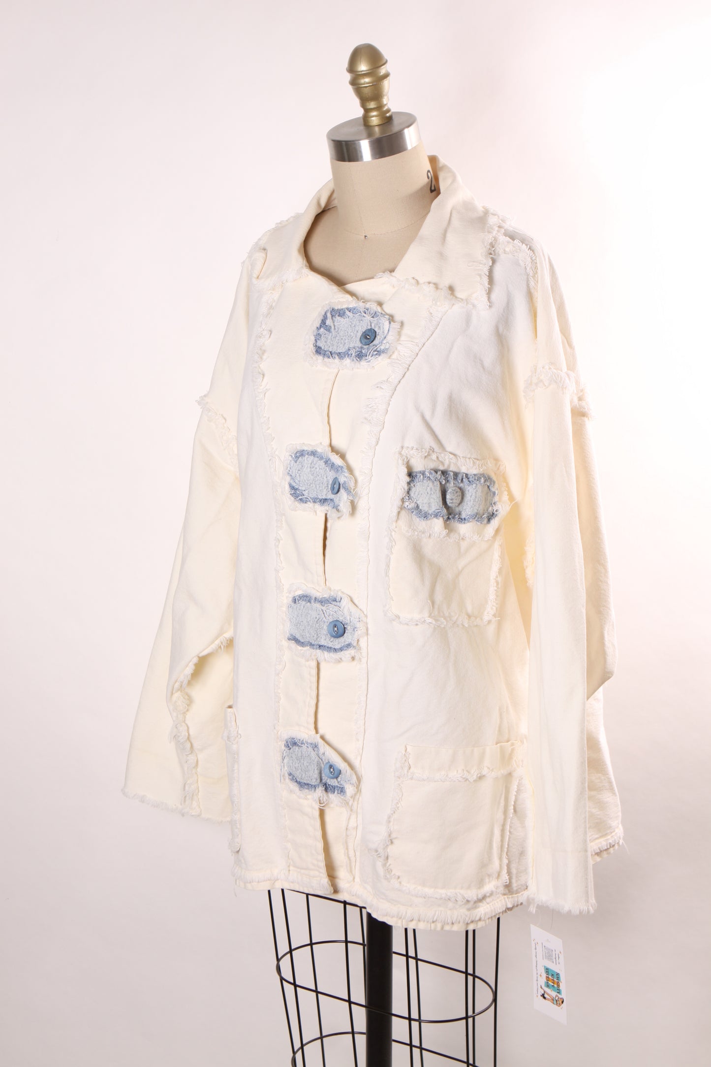 1980s White and Blue Denim Button Down Long Sleeve Frayed Detail Jacket