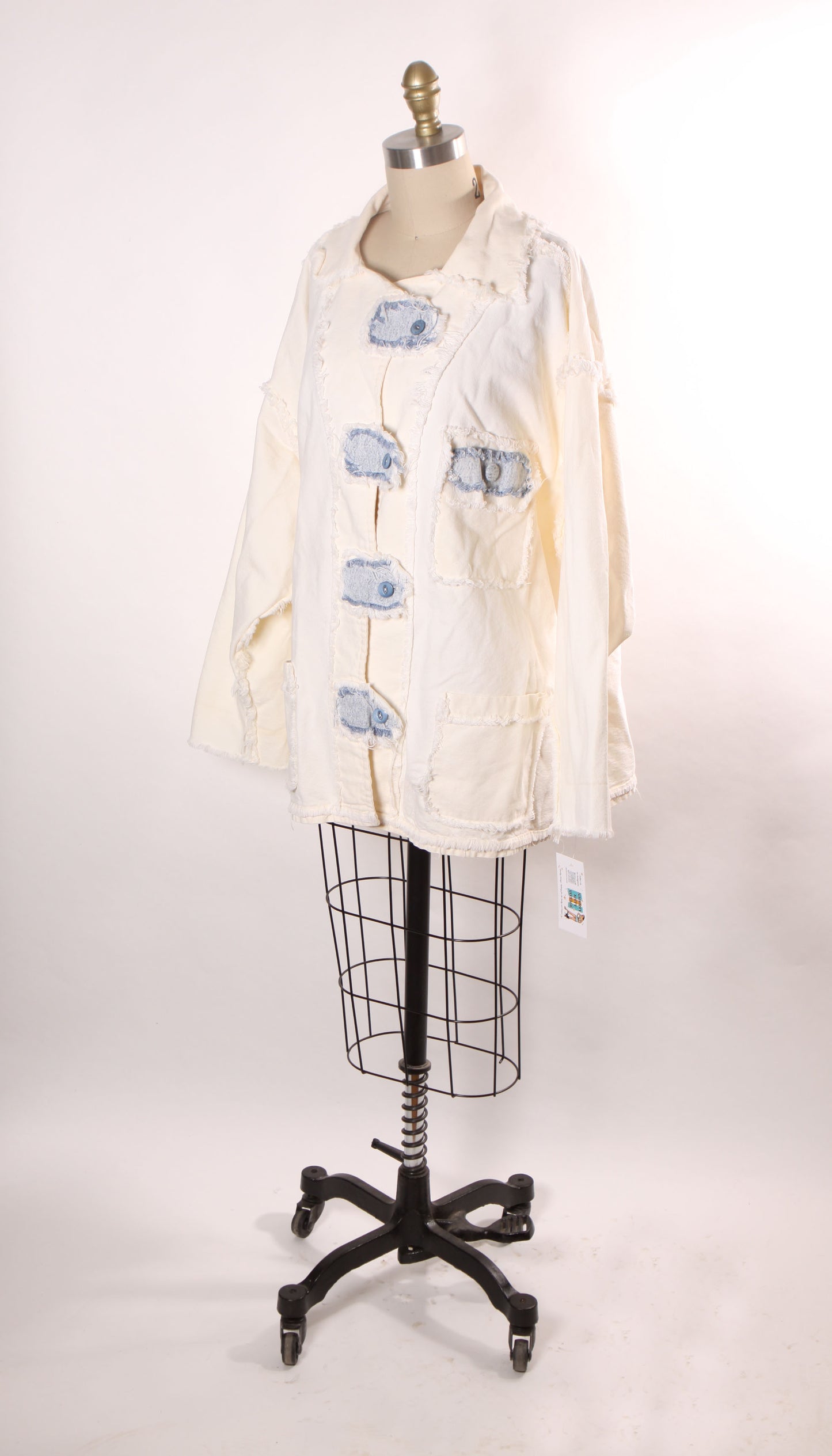 1980s White and Blue Denim Button Down Long Sleeve Frayed Detail Jacket