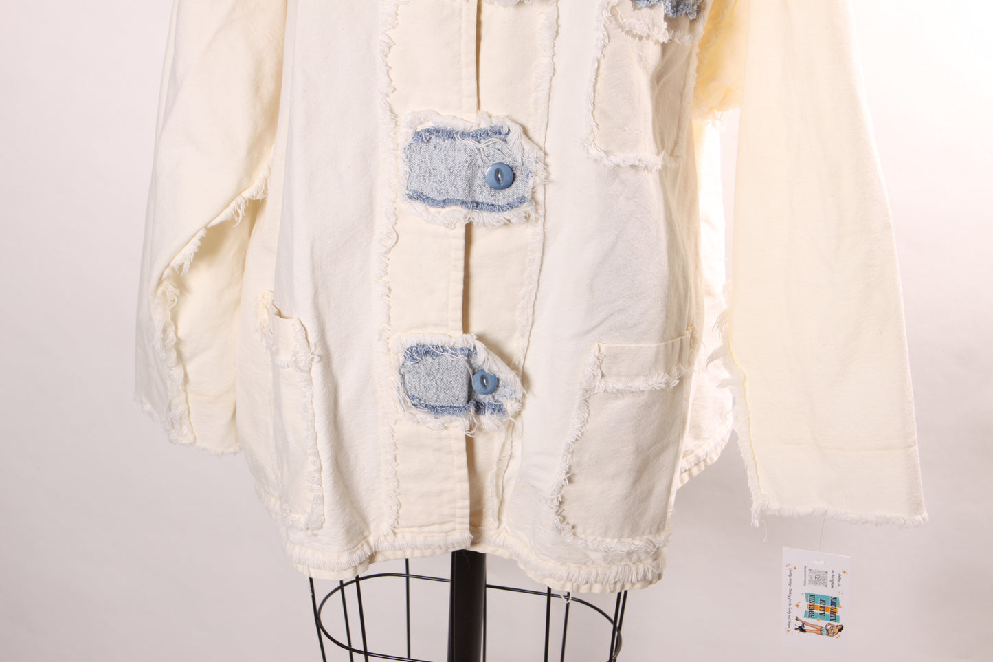 1980s White and Blue Denim Button Down Long Sleeve Frayed Detail Jacket