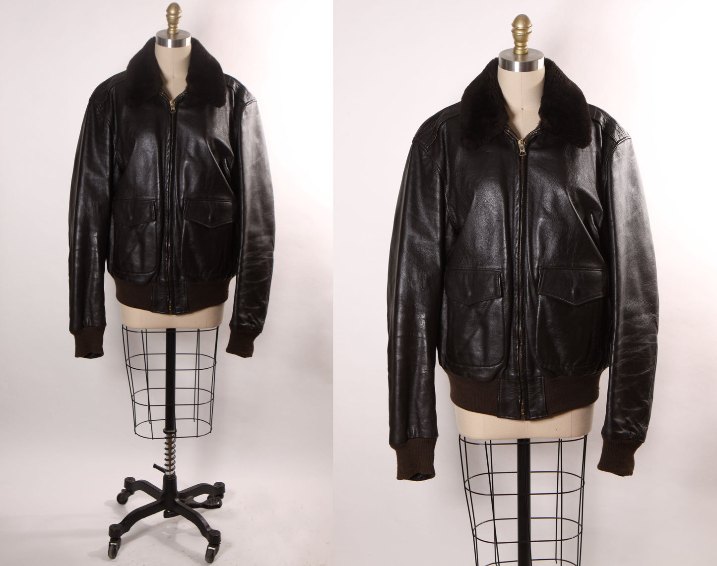 1980s Black Leather Goatskin and Mouton Fur Trim Long Sleeve Bomber Jacket by L.L. Bean