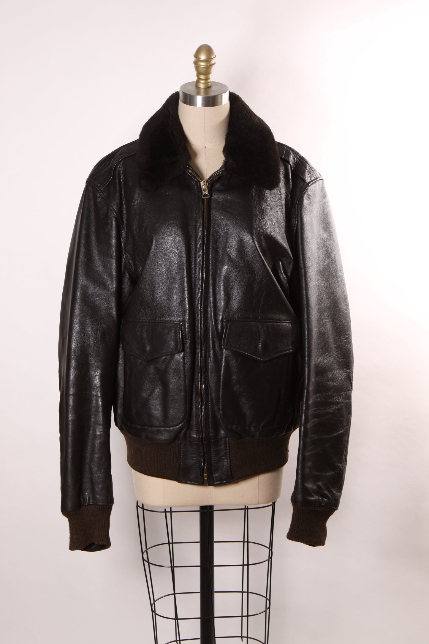 1980s Black Leather Goatskin and Mouton Fur Trim Long Sleeve Bomber Jacket by L.L. Bean