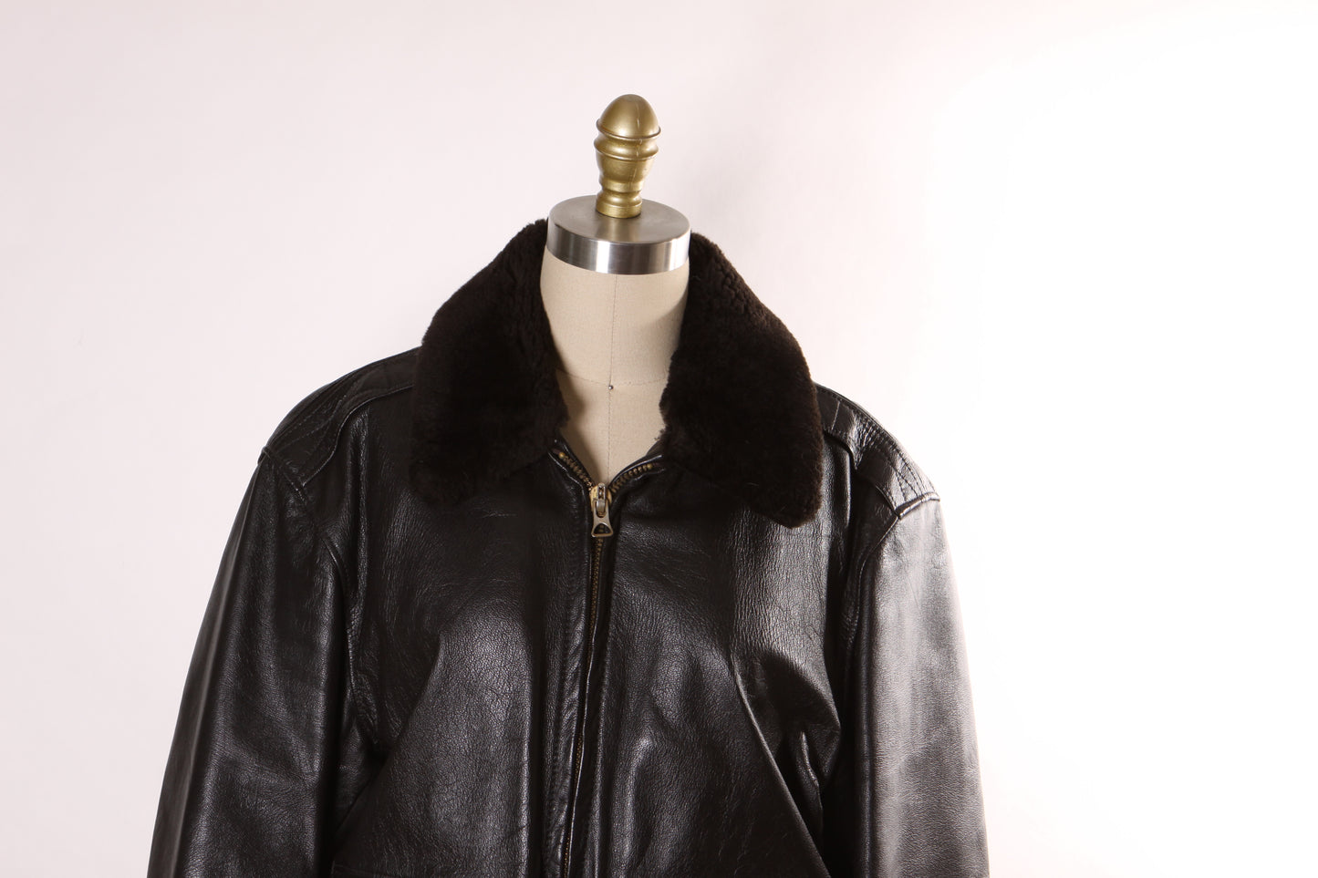 1980s Black Leather Goatskin and Mouton Fur Trim Long Sleeve Bomber Jacket by L.L. Bean