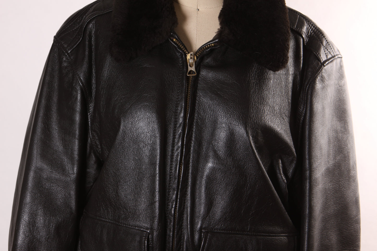 1980s Black Leather Goatskin and Mouton Fur Trim Long Sleeve Bomber Jacket by L.L. Bean