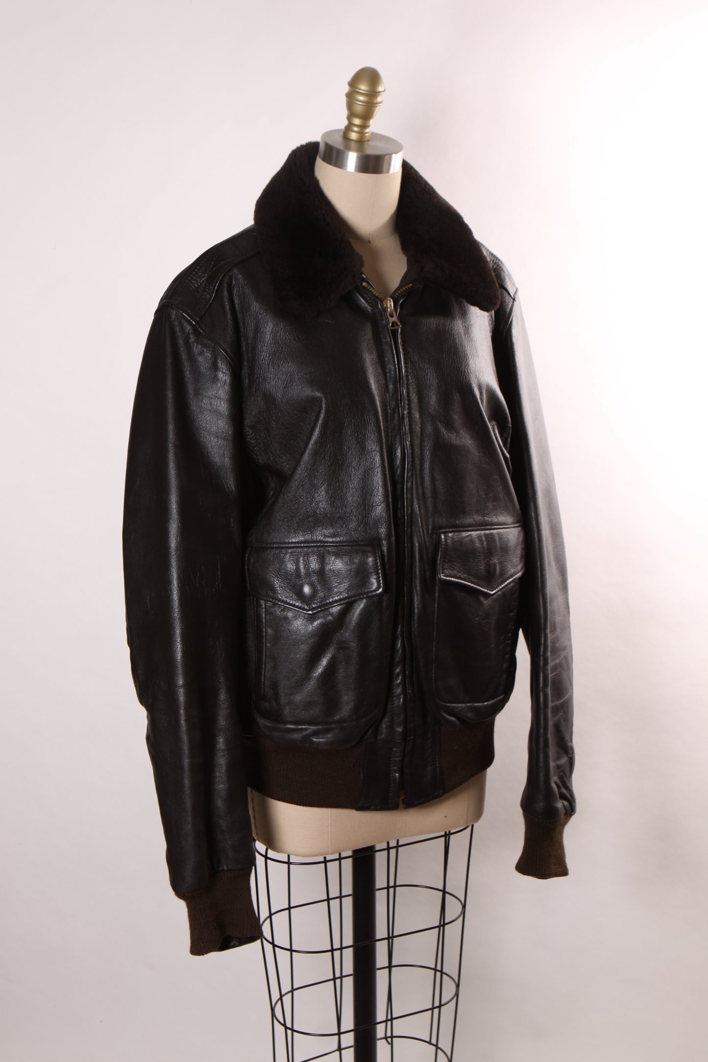 1980s Black Leather Goatskin and Mouton Fur Trim Long Sleeve Bomber Jacket by L.L. Bean