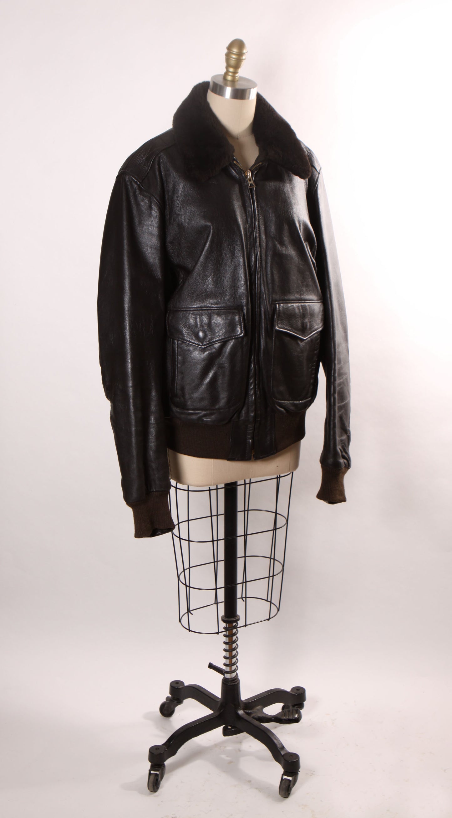 1980s Black Leather Goatskin and Mouton Fur Trim Long Sleeve Bomber Jacket by L.L. Bean