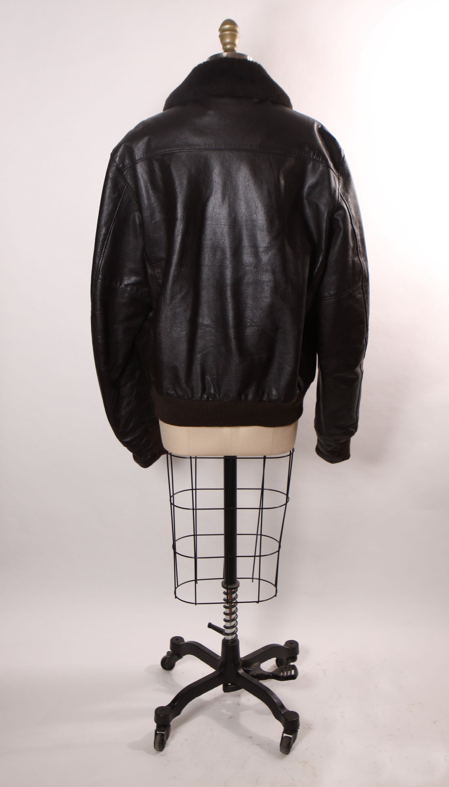 1980s Black Leather Goatskin and Mouton Fur Trim Long Sleeve Bomber Jacket by L.L. Bean