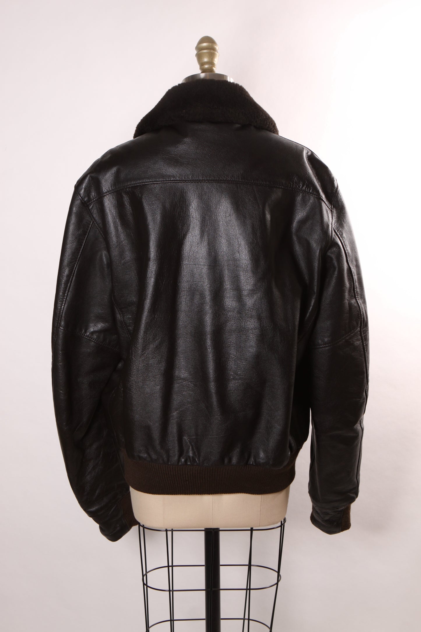 1980s Black Leather Goatskin and Mouton Fur Trim Long Sleeve Bomber Jacket by L.L. Bean