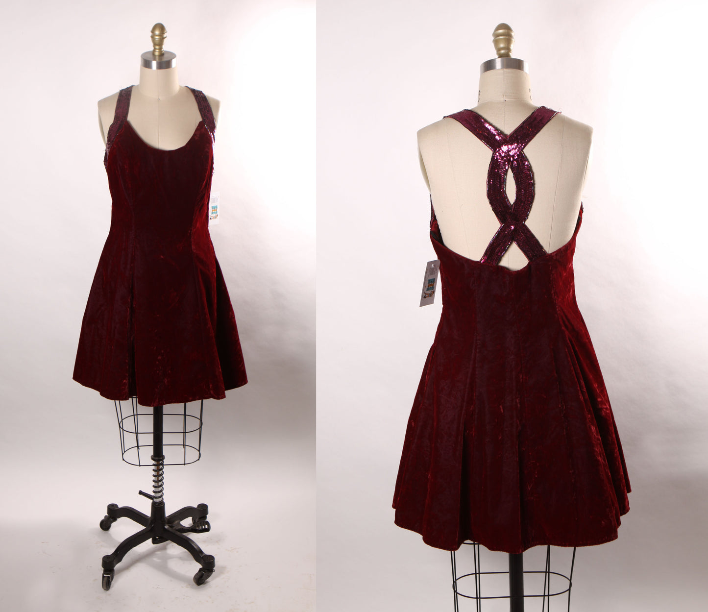 1980s 1990s Burgundy Velvet Sleeveless Beaded Racer Back Flared Skirt Formal Prom Dress by De-Laru -M