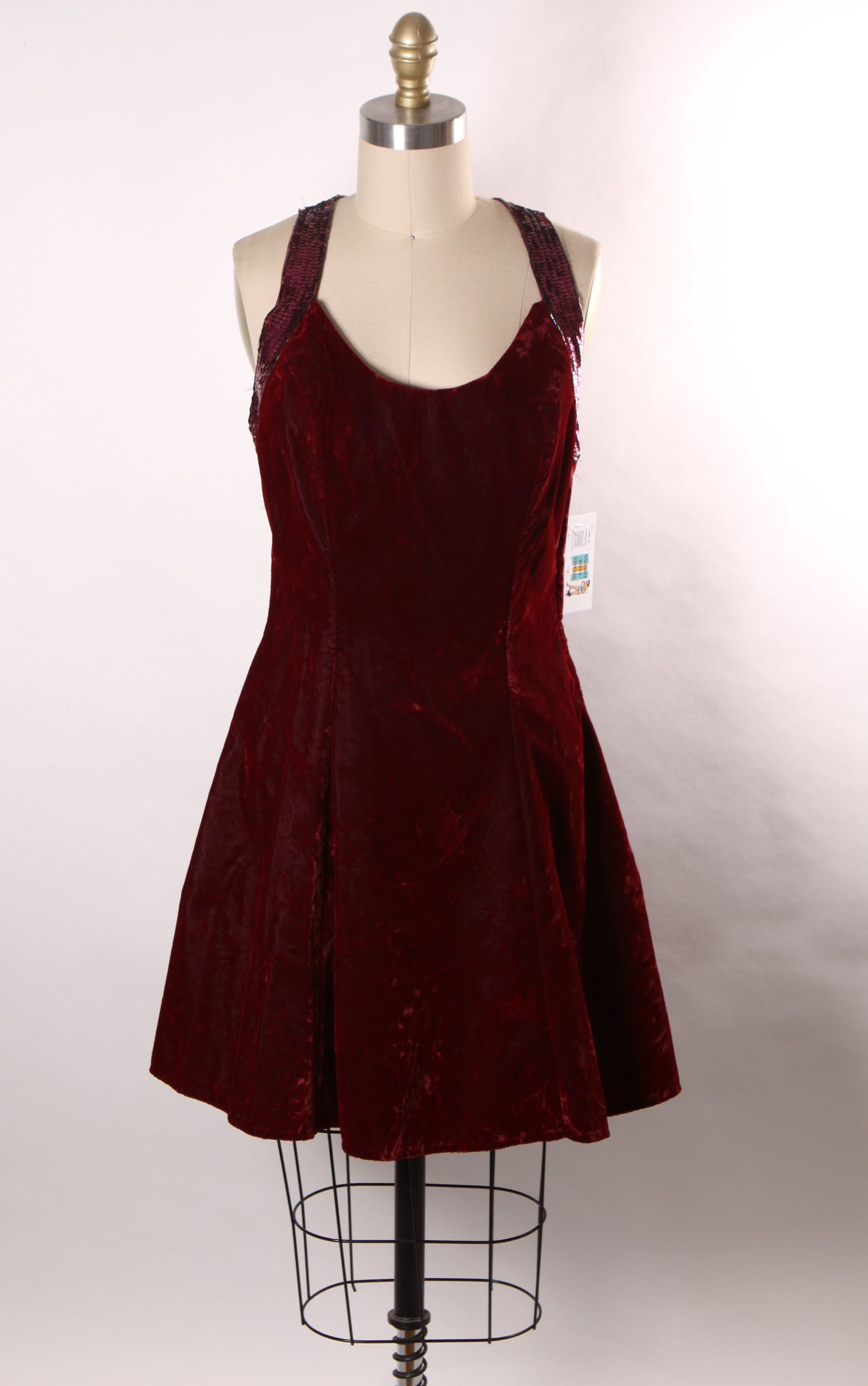 1980s 1990s Burgundy Velvet Sleeveless Beaded Racer Back Flared Skirt Formal Prom Dress by De-Laru -M