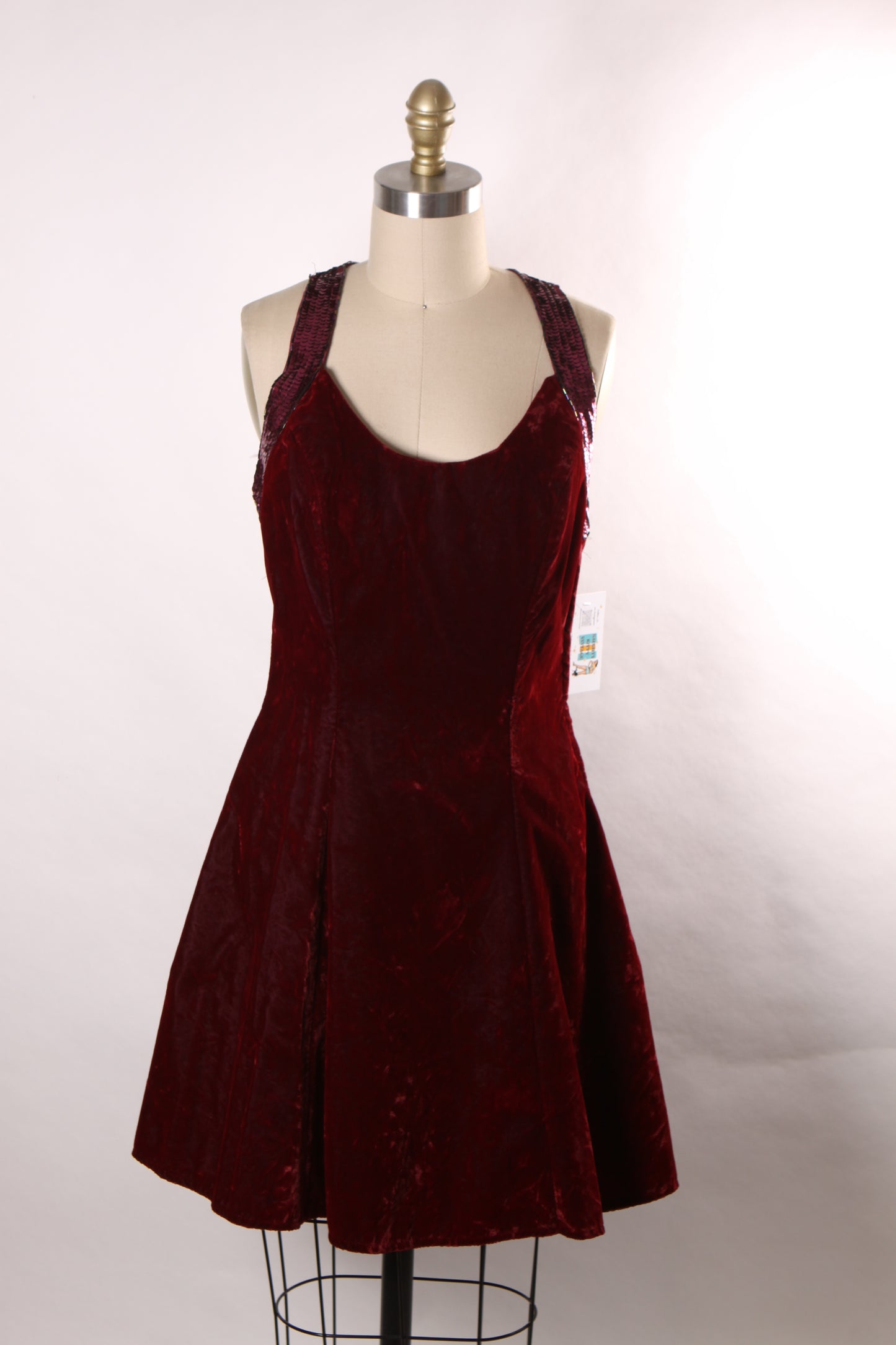 1980s 1990s Burgundy Velvet Sleeveless Beaded Racer Back Flared Skirt Formal Prom Dress by De-Laru -M