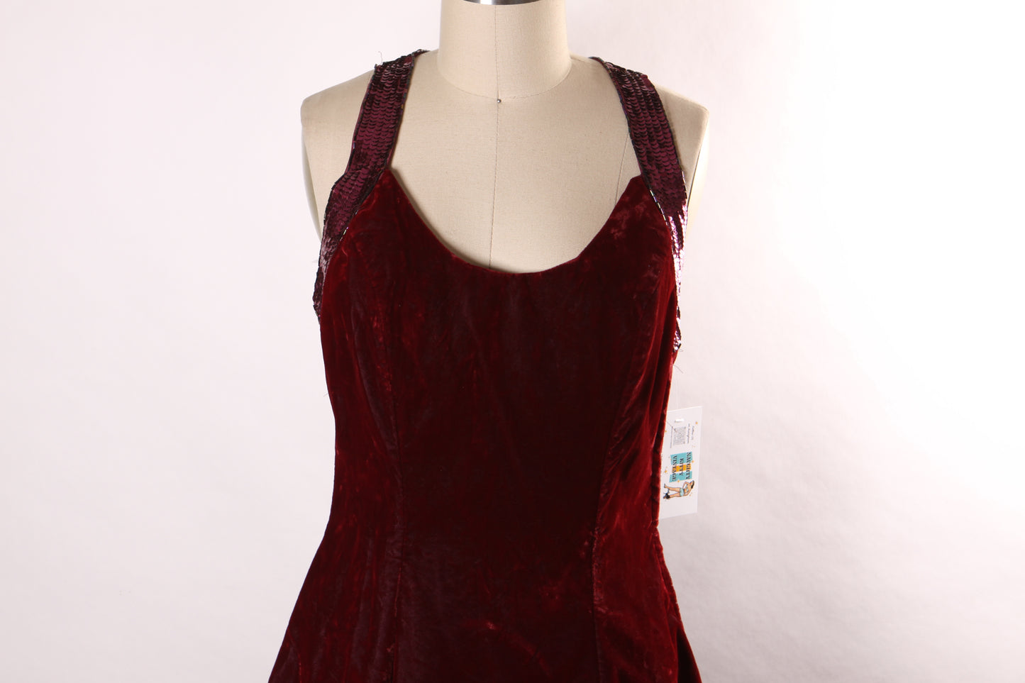 1980s 1990s Burgundy Velvet Sleeveless Beaded Racer Back Flared Skirt Formal Prom Dress by De-Laru -M