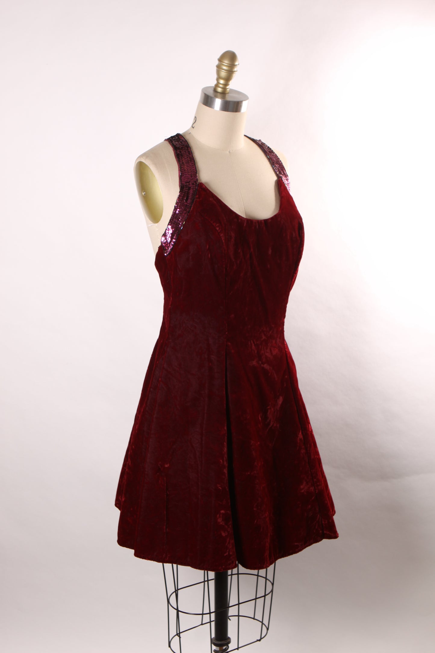 1980s 1990s Burgundy Velvet Sleeveless Beaded Racer Back Flared Skirt Formal Prom Dress by De-Laru -M