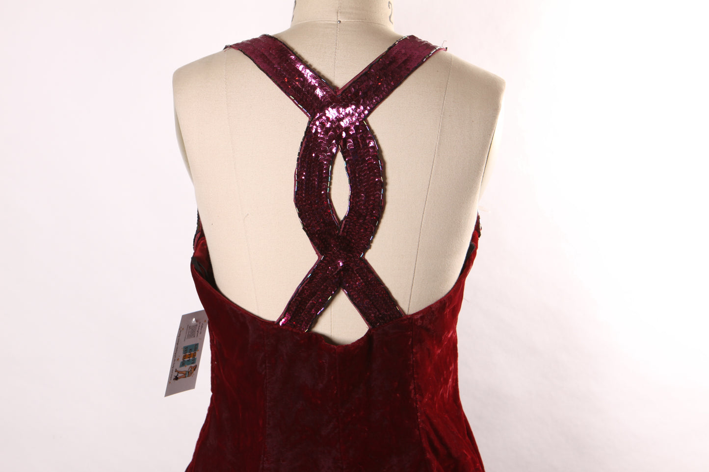 1980s 1990s Burgundy Velvet Sleeveless Beaded Racer Back Flared Skirt Formal Prom Dress by De-Laru -M