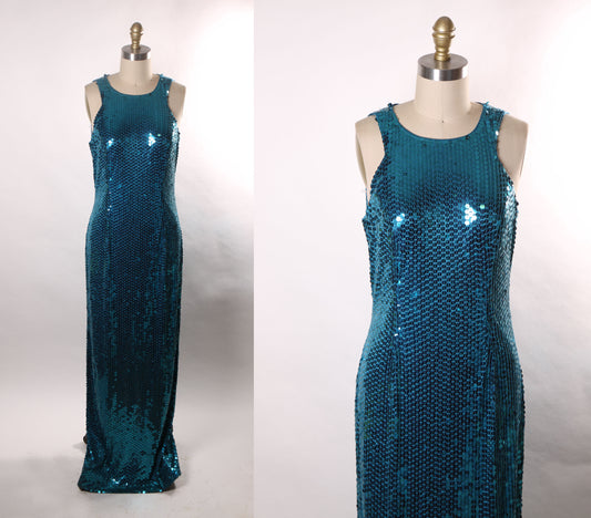 Late 1980s Early 1990s Blue Sequin Sleeveless Full Length Keyhole Back Formal Prom Dress by Adrianna Papell -L