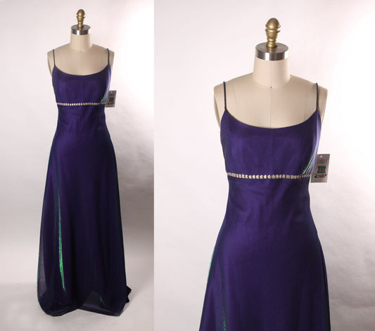 1990s Purple and Green Color Changing Spaghetti Strap Full Length Rhinestone Waist Cut Out Formal Prom Dress by Jump -M