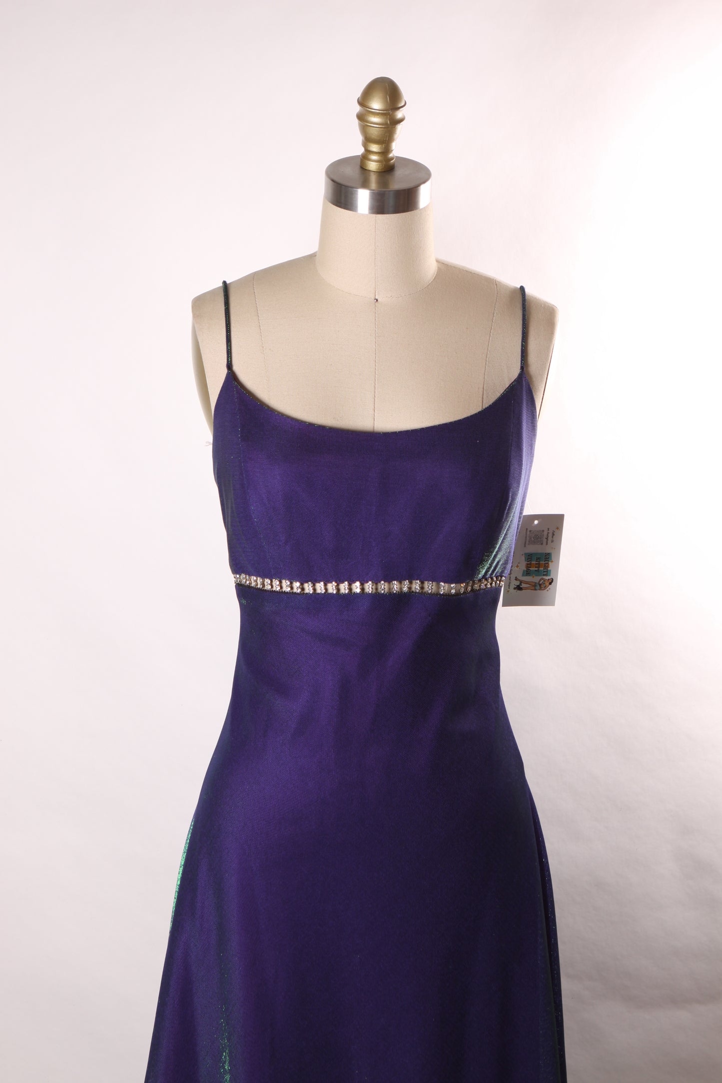 1990s Purple and Green Color Changing Spaghetti Strap Full Length Rhinestone Waist Cut Out Formal Prom Dress by Jump -M