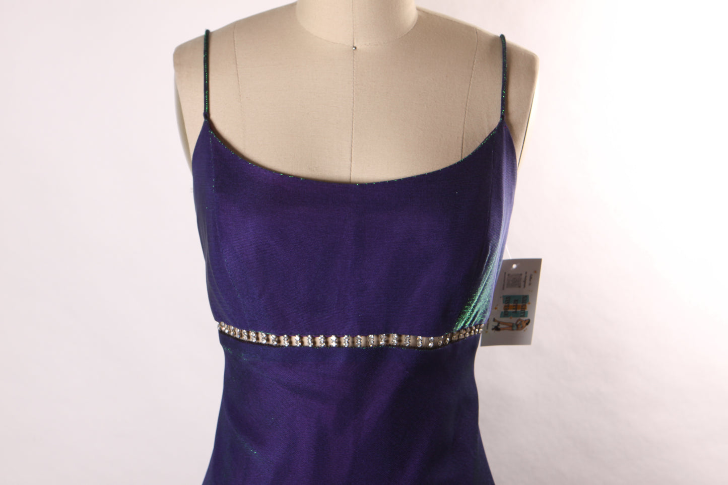 1990s Purple and Green Color Changing Spaghetti Strap Full Length Rhinestone Waist Cut Out Formal Prom Dress by Jump -M